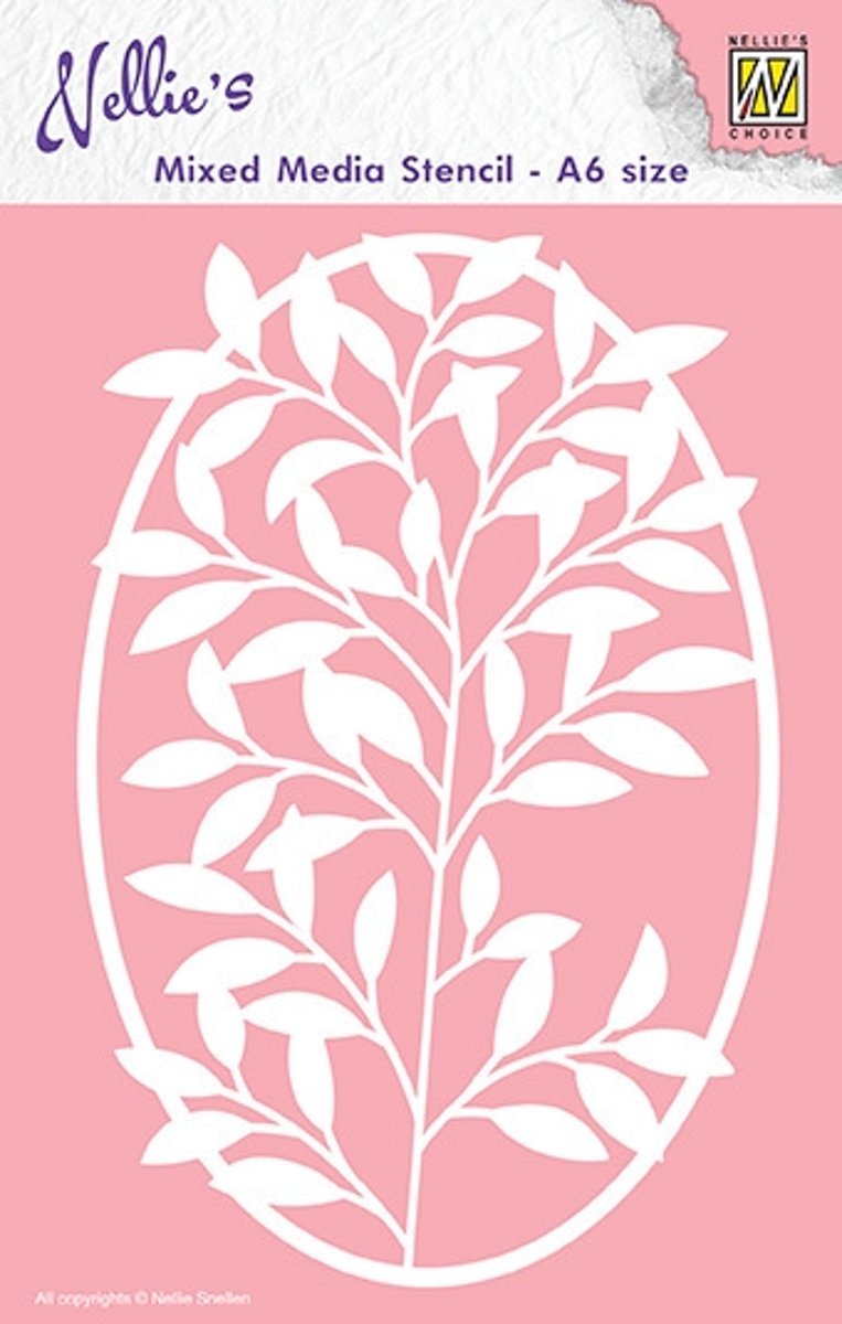 MMSA6-005 Mixed Media Stencils A6 size Oval Frame with flower-branch